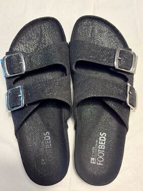 White Mountain Footbeds Black Glitter Double Buckle Slide Sandals | Size 9